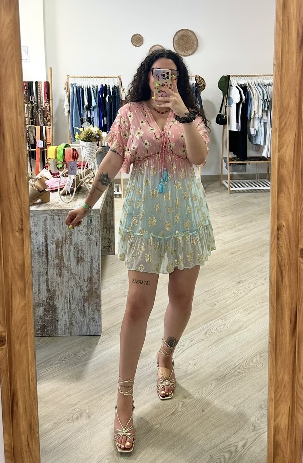 VESTIDO BOHO AZUL Y ROSA - Imagen 1