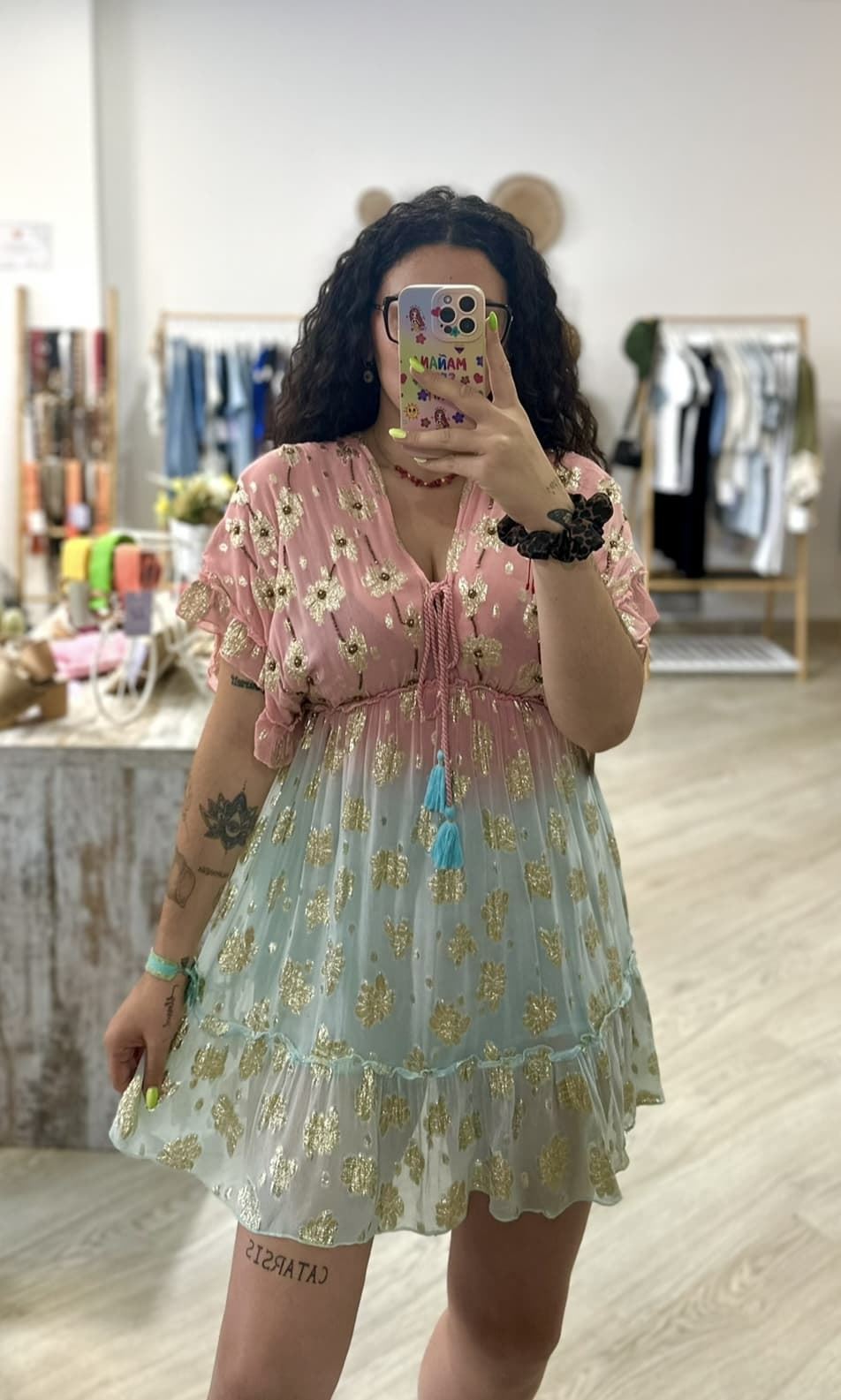 VESTIDO BOHO AZUL Y ROSA - Imagen 2
